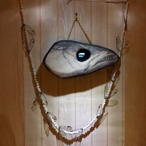 Sera Waters, Lure the locals: Gentleman’s collectables (decoy, bait, wait, s(t)inker) (detail), 2014, Decoy: linen, foam, felt, cotton and screen. Bait: handmade beads, string, wings, variable dimensions