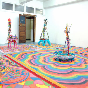 Paul Yore, ANTHROPOP (installation view), 2011, mixed media installation, painted flooring, toys, found objects, water fountain, mechanised parts, turntable, dildo, sound, dimensions variable