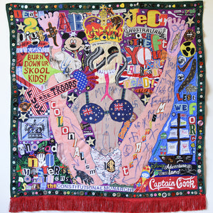 Paul Yore, Art Is Theft, 2016, mixed media textile, beads, sequins, buttons fringe and marker, 100 x 110 cm irreg