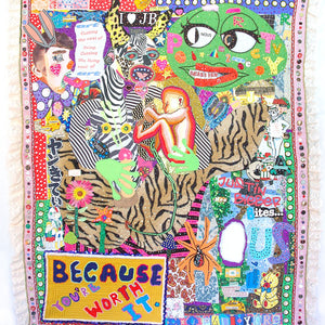 Paul Yore, Because You’re Worth It, 2020, mixed media applique textile comprising found objects, reclaimed fabrics, beads, sequins, quilting thread, buttons and eyelets, 160 x 130 cm