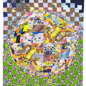 Paul Yore, Computer World, 2016, Mixed media textile applique comprising reclaimed fabrics and quilting thread, 198 x 176 cm irreg