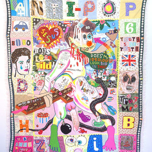 Paul Yore, Does My Ideology Look Big In This, 2019, Mixed media applique textile comprising found objects, reclaimed fabrics, beads, sequins, quilting thread, buttons and eyelets, 160 x 130 cm irreg