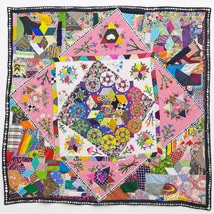Paul Yore, Dreaming Is Free, 2016, mixed media applique textile comprising reclaimed fabrics, found objects, beads, sequins, quilting thread and buttons, 216 x 217 cm irreg