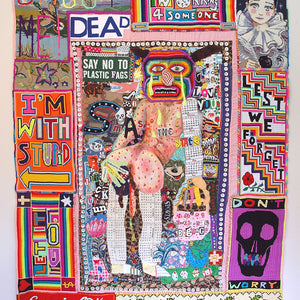 Paul Yore, Emotional Baggage, 2020, Mixed media applique textile comprising found objects, reclaimed fabrics, beads, sequins, quilting thread, buttons, metal rings and fairy lights, 170 x 130 cm irreg