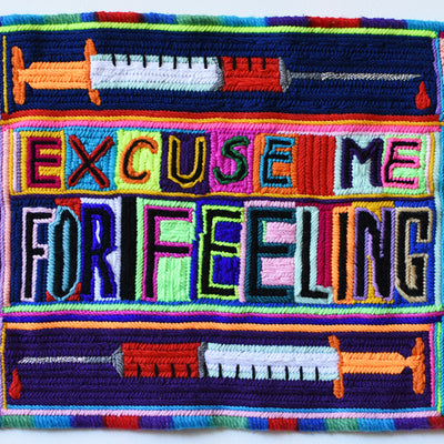 Paul Yore, Excuse Me For Feeling, 2017, wool needlepoint, 28.5 x 47.5 cm