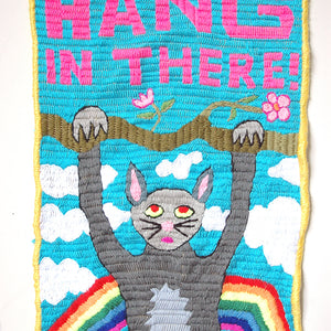 Paul Yore, Hang In There, 2020, wool needlepoint, 45 x 29 cm irreg
