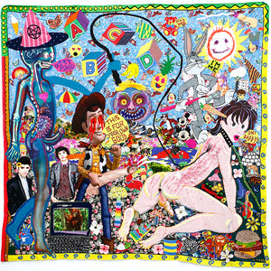 Paul Yore, Hit Me Baby One More Time, 2016, mixed media textile, beads, sequins, acrylic and watercolour, 202 x 202 cm irreg