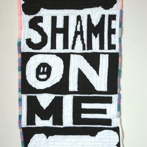 Paul Yore, Shame On Me, 2017, wool needlepoint, 50 x 29 cm irreg