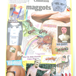 Paul Yore, Spate Of Coalition Maggots, 2020, Collage on card with pen, marker and stickers, 41 x 29 cm