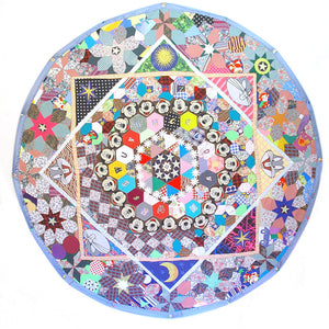 Paul Yore, Time And Time Again, 2020, mixed media applique textile comprising reclaimed fabrics, quilting thread and eyelets, 185 x 187 cm irreg
