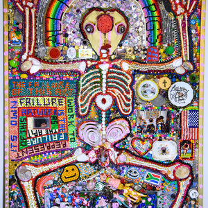 Paul Yore, All Men Are Pigs, 2018, mixed media assemblage, sheep skull, gumnuts, found objects, buttons, toys, shells, china plates, mirror, photograph, beads, coins, jewellery, marker, nail polish, acrylic, enamel, house paint and resin on wood, 120 x 90 cm irreg