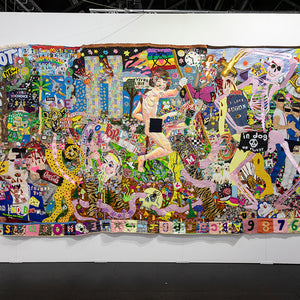 Paul Yore, Let Us Not Die From Habit, 2018, mixed media appliquéd textile, found fabric, cotton thread, wool, acrylic paint, sequins, buttons & beads, 230 x 405 cm irreg