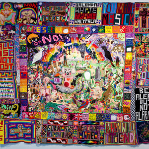 Paul Yore, WELCOME TO HELL, 2014, mixed media textile; found objects/material, beads, buttons, sequins, plastic flowers, felt, wool, cotton thread, 290 x 260 cm irreg