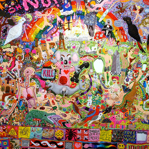 Paul Yore, WELCOME TO HELL (detail), 2014, mixed media textile; found objects/material, beads, buttons, sequins, plastic flowers, felt, wool, cotton thread, 290 x 260 cm irreg