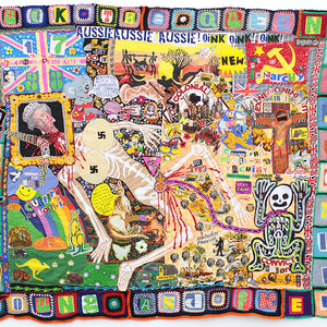Paul Yore, Nothing Comes from Nothing, 2016, mixed media texile, beads, sequins, buttons, acrylic & marker, 171 x 198 cm irreg