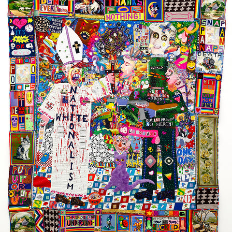 Paul Yore, Deny Everything, 2018, mixed media appliquéd textile, found fabric, needlepoint, cotton thread, wool, acrylic paint, sequins, buttons & beads, 274 x 242 cm irreg