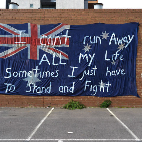   Richard Lewer, I can’t run away all my life sometimes I just have to stand and fight, 2020, acrylic on found flag, 360 x 730 cm