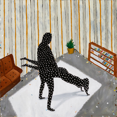 Richard Lewer, First sex (the wheel barrow) with a new girlfriend, and I ruptured a hernia and spent the night in A&E with her., 2020, oil on aluminium, 76 x 76 cm