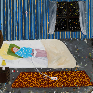 Richard Lewer, I was a bed-wetter as a child. After seeing many different specialists, they came up with the idea of a sensor that sounded a big alarm and gave me an electric shock when I started to wee… it made me want to piss myself with fright and never go to sleep., 2020, oil on steel, 50 x 50 cm