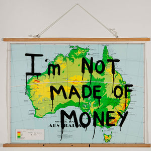 Richard Lewer, I’m not made of money, 2014, enamel on found map, 80 x 100 cm