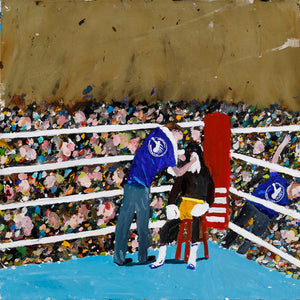 Richard Lewer, My first time in the corner for a televised professional boxing fight. Between rounds, while applying ice to our boxer’s face, I slipped on an ice cube and fell backwards face-first into the judges’ table., 2020, oil on brass, 50 x 50 cm
