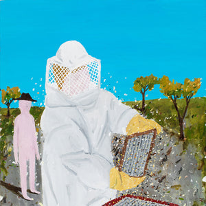 Richard Lewer, During art school a friend and I got a summer job beekeeping back home in Hamilton. The first day on the job we found out it was on land owned by a nudist colony. We didn’t know which way to look, 2020, oil on aluminium, 50 x 50 cm