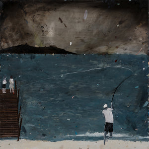 Richard Lewer, On a day out in Margaret River with my in-laws, I hooked a nine-year-old girl standing 30 meters away on the timber jetty at Gnarabup Beach., 2020, oil on aluminium, 76 x 76 cm