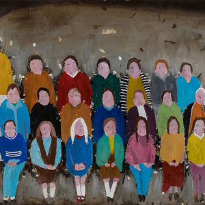 Richard Lewer, At primary school, Mum dressed me in a grey school uniform when there wasn’t one, 2020, oil on aluminium, 80.5 x 140.5 cm