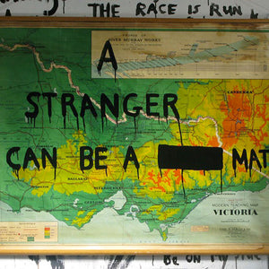 Richard Lewer, A stranger can be a mate, 2009, enamel on found map, 90 x 101 cm