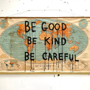 Richard Lewer, Be good, be kind, be careful, 2020, acrylic on found map