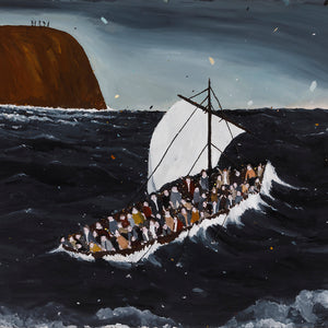  Richard Lewer, Longboat sails past an uninhabitable land in a desperate search for water, 2020, oil on canvas, 154 x 165 cm