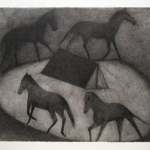 Richard Lewer, Richards Disasters (Attacked by wild horses), 2017, Lithograph, 56.5 x 52.5 cm, ed. of 10