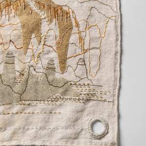 Sera Waters, Storied Sail Cloth #2: Drainage (in progress detail), 2021, Adelaide, various repurposed and hand-dyed threads, string, cotton, found fabrics, felt and beads upon vintage linen/hemp