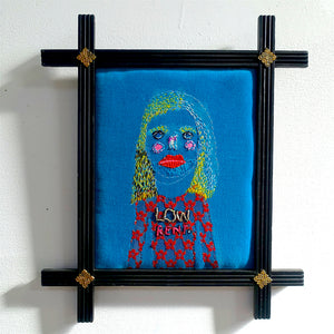 Sally Bourke, Low Rent, 2019, embroidered velvet, silk thread, bugle beads in found frame, 36 x 31 cm