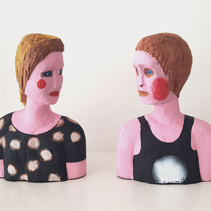 Sally Bourke, My Brother’s Keeper, 2019, acrylic on carved wood,18 x 27 x 8 cm each approx