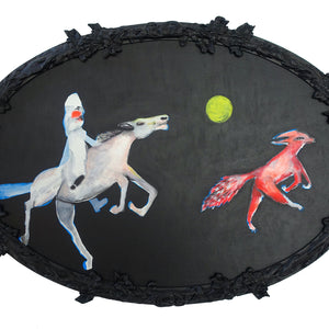 Sally Bourke, The Wild Hunt, oil and acrylic on canvas mounted on wood panel in found frame, 56 x 83cm approx