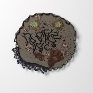 Sera Waters, Pestillpedes, 2020, cotton, linen, trim, beads, crewel, velvet and card, 25 x 27 cm