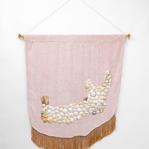 Sera Waters, Clench, 2016, towel, shells, handmade beads, cotton, fringe, wood, handles and cord, 135 x 95 cm