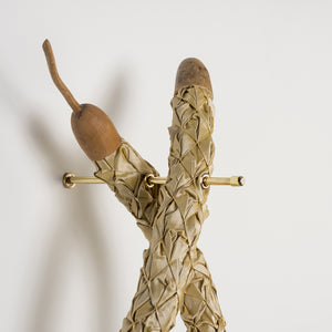 Julia Robinson, Slippery Hitch, 2017, gourds, silk, thread, gold plated steel and fixings, mixed media, 100 x 30 x 40 cm