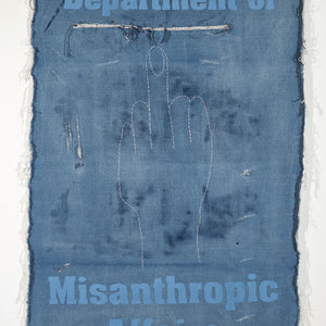 Tony Garifalakis, Department of Misanthropic Affairs, 2012, mixed media on denim, 150 x 100 cm