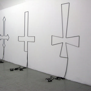 Tony Garifalakis, Franchise, 2010, wall drawing made with VHS tapes of exorcist 1, 2 & 3, dimensions variable
