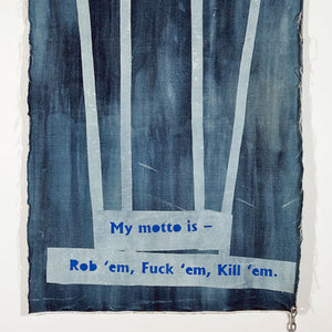 Tony Garifalakis, Volatile Substance, 2012, mixed media on treated denim, 150 x 100 cm
