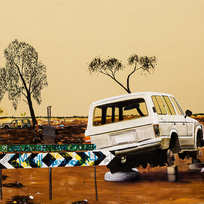 William Mackinnon, Crossroads IV, 2018, acrylic ochre oil and automotive paint on canvas, 150 x 200 cm