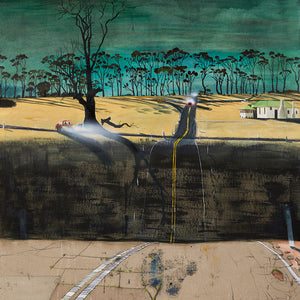 William Mackinnon, Remembering Kaladbro (the mail car and the killing shed), 2016, acrylic, oil and automotive enamel on linen, 225 x 177 cm