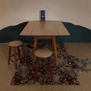 Sera Waters, Wobbegong and ever after, 2014, Axminster carpet, leather, vintage trim, LED, plastic, table, stools, light, hessian, paint, variable dimensions