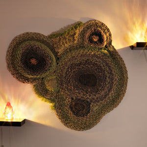 Sera Waters, Grassland(scapes) (detail), 2014, Hand-dyed calico, cotton, felt, hessian, hand-dyed string, hand-dyed trim, shelving, indoor/outdoor grass, paint, firescreen, hand-painted hand-blown glass fire lightshades, variable dimensions