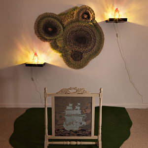 Sera Waters, Grassland(scapes) (installation view), 2014, Hand-dyed calico, cotton, felt, hessian, hand-dyed string, hand-dyed trim, shelving, indoor/outdoor grass, paint, firescreen, hand-painted hand-blown glass fire lightshades, variable dimensions
