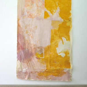 Jahnne Pasco-White, becoming-with 20, 2019, raw silk, acrylic, paper, canvas, pencil, crayon, oil pastel, pigment, bamboo, cotton, paper, linen, flowers, mandarin skins on canvas, 360 x 180 cm